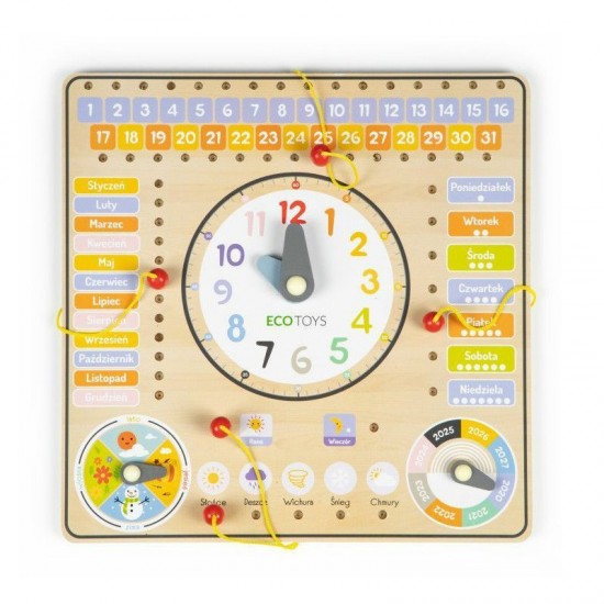 Ξύλινος Εκπαιδευτικός Παιδικός Πίνακας Ρολόι με Δραστηριότητες Ecotoys ESC-W-036