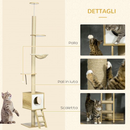 PawHut ρυθμιζόμενο ύψος μοριοσανίδα γάτα δέντρο με ξύσιμο στύλο, σπίτι, αιώρα και μπάλα, 40x40x225-285 cm